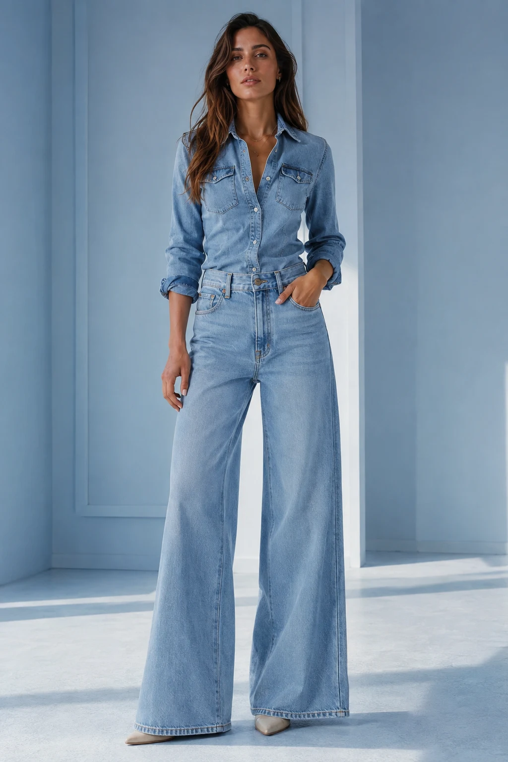 Modelo feminina adulta com conjunto jeans azul claro