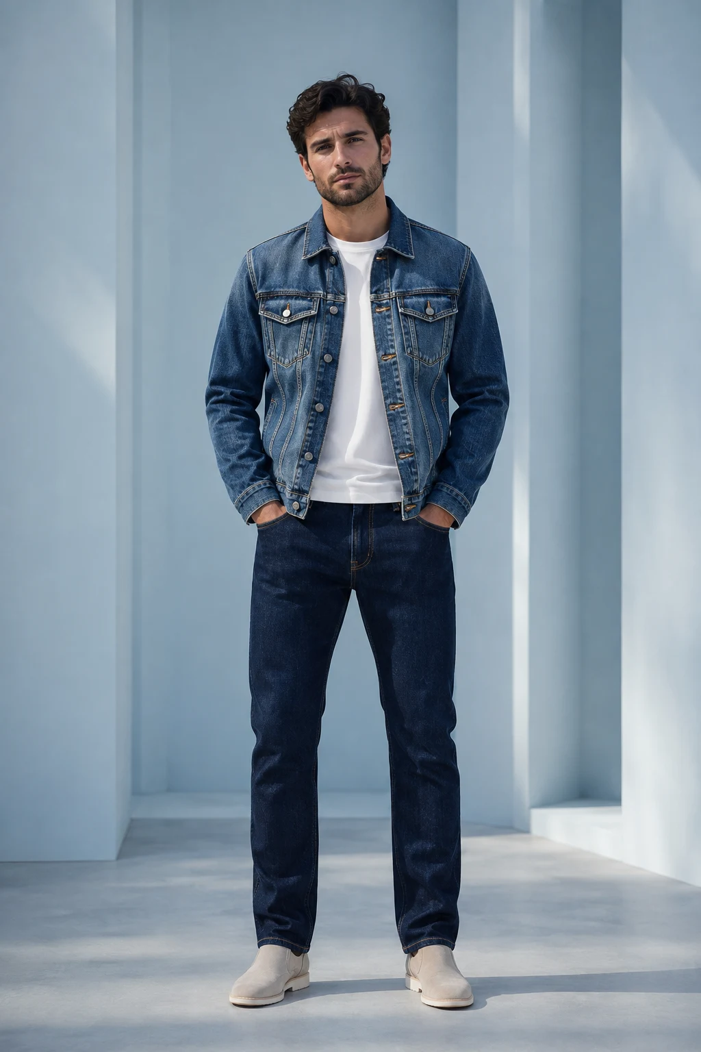 Modelo masculino adulto com jaqueta e calça jeans